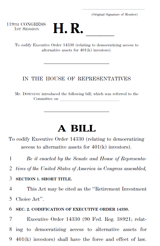 미국 공화당 소속 트로이 다우닝 하원의원이 14일(현지시간) 대표 발의한 '은퇴 투자 선택법(Retirement Investment Choice Act)' 내용. [출처=미 하원 금융서비스위원회]