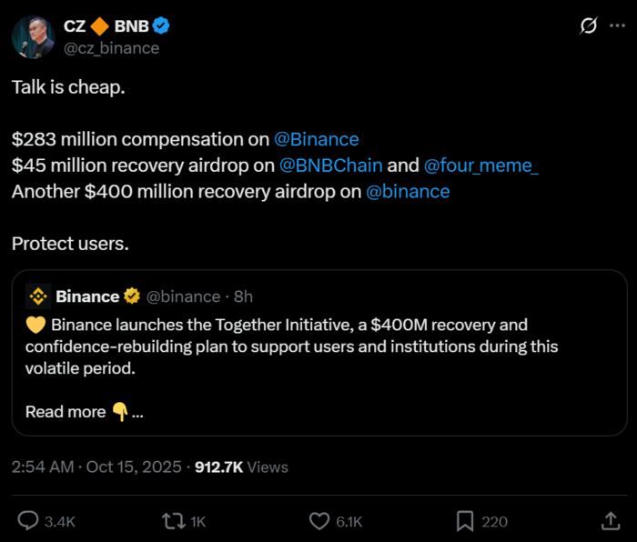 창펑자오 바이낸스 공동창업자가 15일 자신의 엑스(X) 계정을 통해 바이낸스의 약 1조원대 투자자 지원 프로그램을 소개하고 있다. [출처=엑스]