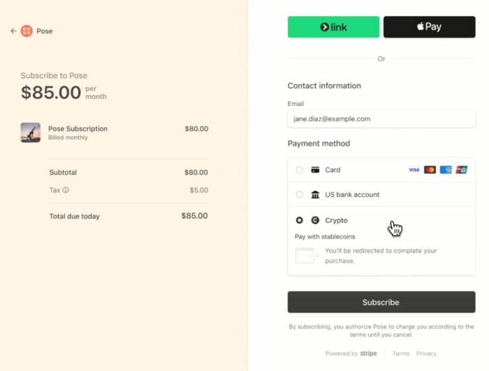 스트라이프의 스테이블코인 구독 결제 서비스가 적용된 화면. 사진제공=스트라이프
