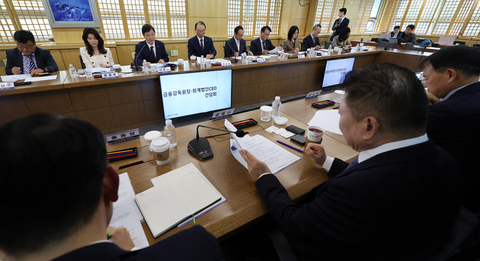 지난 14일 서울 서대문구 충정로 한국공인회계사회 회관에서 열린 회계법인 CEO 간담회에서 이찬진 금융위원장이 모두발언을 하고 있다. [사진=연합뉴스]