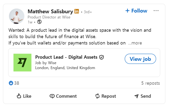 매튜 솔즈베리(Matthew Salisbury) 와이즈 제품 디렉터가 링크드인에 게시한 '디지털 자산 제품 책임자(Product Lead - Digital Assets)' 채용 공고. [자료=링크드인 캡처]