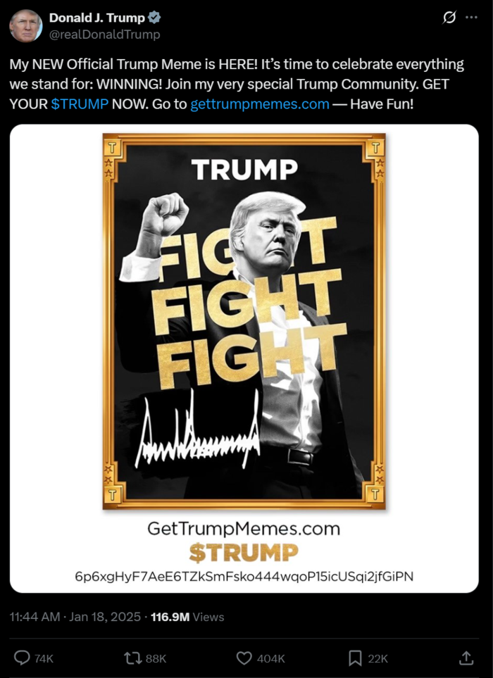 도널드 트럼프 미국 대통령이 지난 1월 자신의 X(옛 트위터) 계정에 게시한 '트럼프 밈코인'($TRUMP) 공식 출시 홍보물. [출처=엑스]