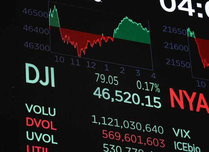 뉴욕증권거래소(NYSE) 전광판에 2일(현지시간) 다우존스지수가 표시돼있다.  [연합뉴스]