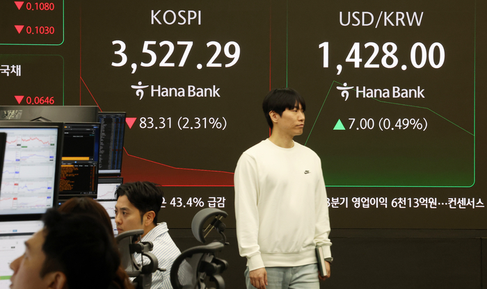 13일 서울 중구 하나은행 딜링룸 현황판에 코스피 등이 표시되고 있다. [사진 = 연합뉴스]