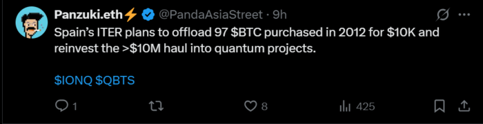 스페인 ITER 연구소가 2012년 1만달러에 구매한 비트코인을 1000만달러(약 135억원) 이상에 매각해 양자 프로젝트에 재투자할 계획이라는 소식을 전한 엑스(X) 게시물. [출처 = 엑스(X)]
