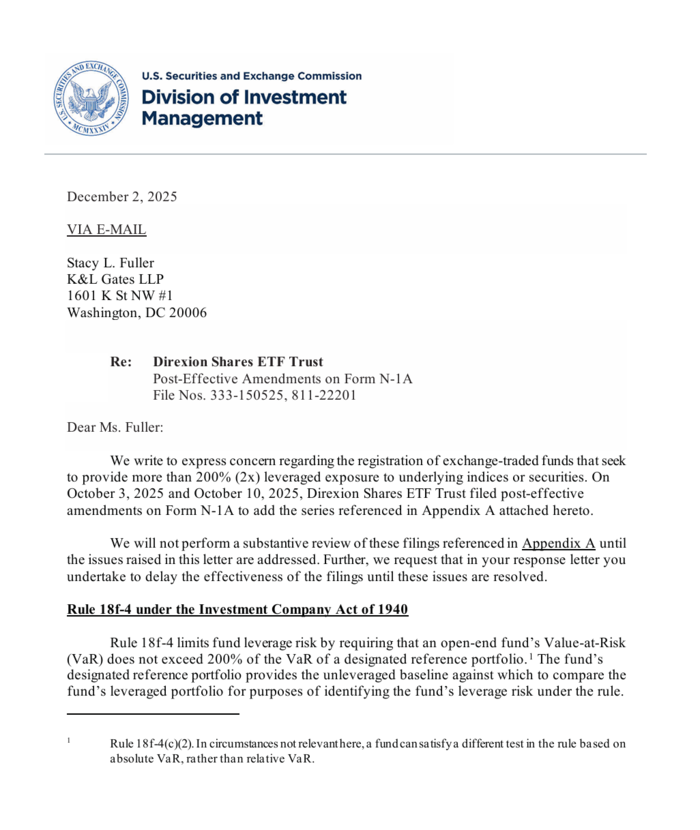 미 SEC가 운용사에게 보낸 레버리지 ETF 거부 서한.