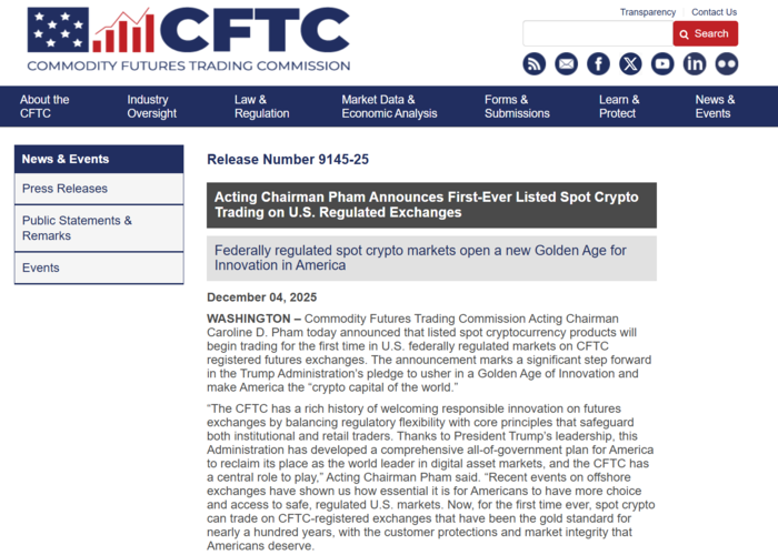 미국 상품선물거래위원회(CFTC)]4일(현지시간) 미 상품선물거래위원회(CFTC)가 배포한 보도자료. 캐롤라인 팸 의장 대행은 이날 성명을 통해 CFTC에 등록된 선물거래소에서 가상자산 현물(Spot Crypto) 상품의 상장 및 거래를 최초로 허용한다고 발표했다. [자료=미 CFTC]